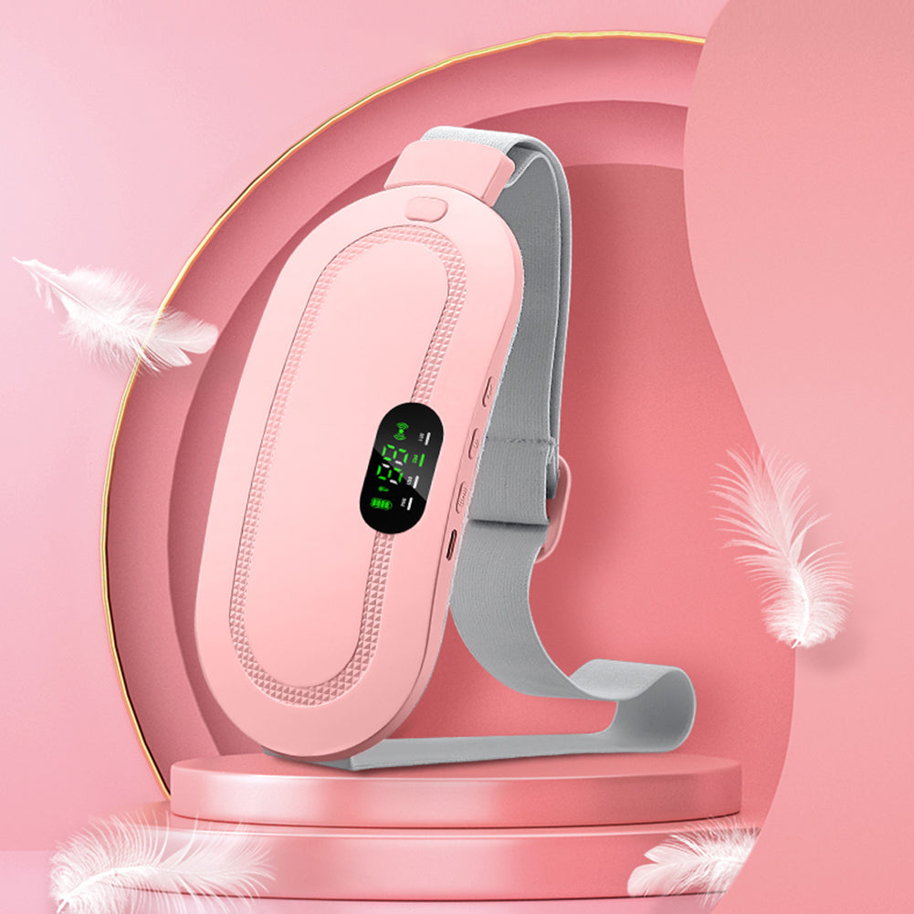 Pink heat and massage period relief belt shown at an angle with flexible strap