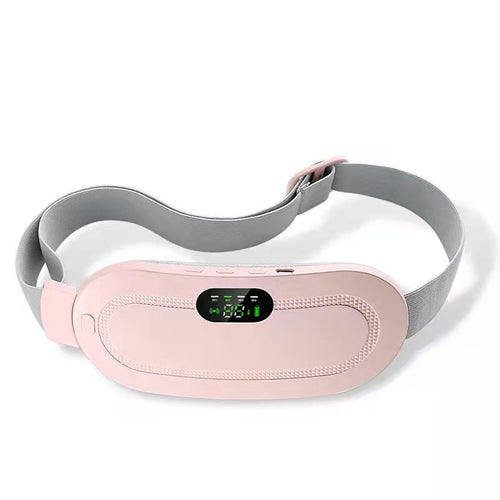 Pink cordless period cramp relief belt with digital temperature display and adjustable gray strap
