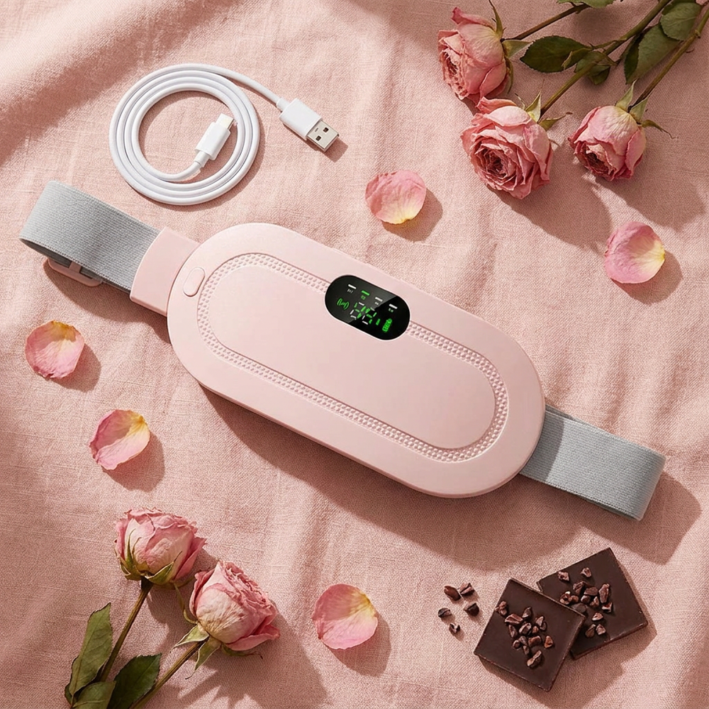 Period Cramp Relief Belt — Cordless Heat & Massage flat lay with USB-C charging cable