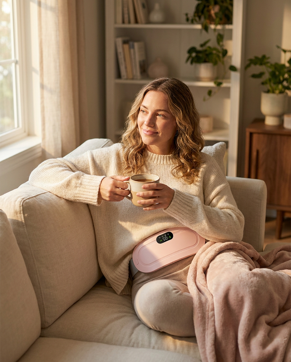 Woman relaxing at home wearing the Period Cramp Relief Belt